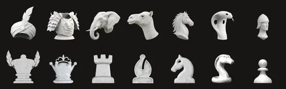 The seven Petteia pieces above the seven chess-style pieces